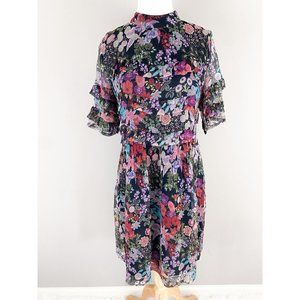 Rene Derhy Black Multi Color Floral Half Sleeve Midi Dress Mock Neck Ruffle